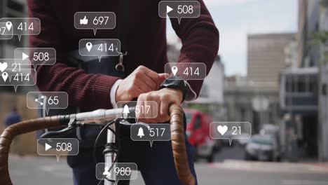 Animation-of-social-media-icons-over-senior-man-using-smartwatch