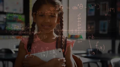 Animation-of-mathematical-equations-over-schoolgirl-using-tablet