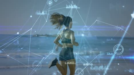 Animation-of-network-of-connections-and-data-processing-over-fit-caucasian-woman-jogging-on-beach