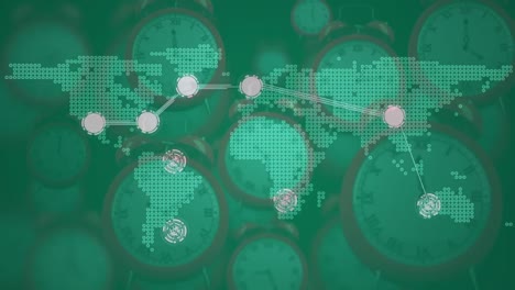 Animation-Des-Verbindungsnetzwerks-über-Uhren-Auf-Grünem-Hintergrund