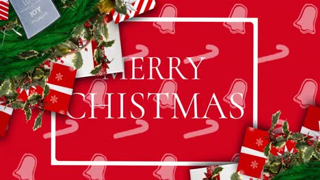 Animation-of-christmas-greetings-text-in-frame-with-christmas-decorations-on-red-background