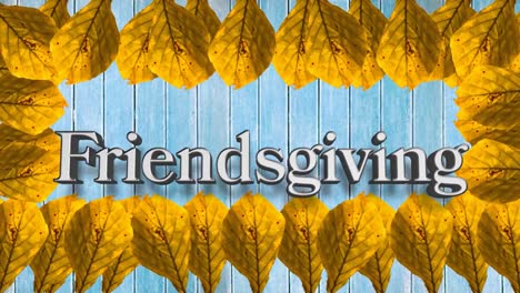 Animation-Von-Friendsgiving-Text-über-Orangefarbenen-Herbstblättern-Auf-Blauem-Hintergrund