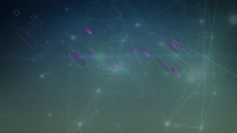 Animation-Fallender-Violetter-Formen-über-Einem-Netzwerk-Von-Verbindungen-Auf-Dunkelblauem-Hintergrund