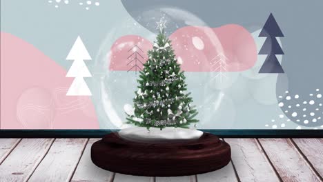 Animation-of-snow-falling-and-glowing-spots-over-snow-globe-with-tree-on-grey-background