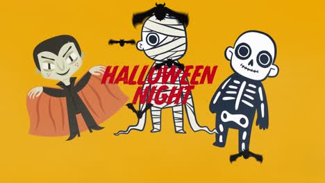 Animation-Von-Halloween-Nacht,-Fledermäusen,-Mumie,-Zombie-Und-Skelett-Auf-Gelbem-Hintergrund