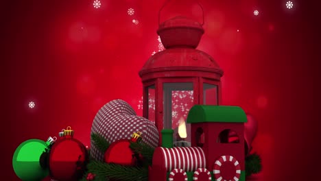 Animation-Von-Weihnachtsdekorationen-Mit-Kugeln-Und-Laterne-über-Schnee,-Der-Auf-Roten-Hintergrund-Fällt