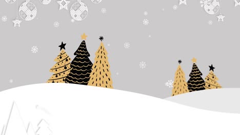 Animation-Von-Kugeln-Und-Schnee,-Der-über-Weihnachtsbäume-Und-Winterlandschaft-Fällt