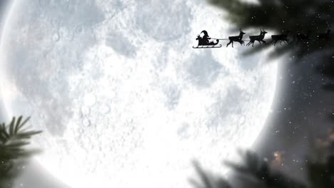 Animación-De-Santa-Claus-En-Trineo-Con-Renos-Sobre-Nieve-Cayendo-Y-Cielo-Con-Luna