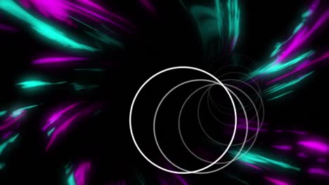 Animation-of-geometrical-shapes-over-purple-and-blue-lights-on-black-background
