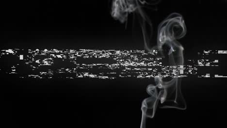 Animation-of-shine-in-white-text-with-distortion-over-smoke-on-black-background