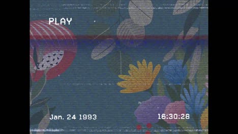 Animation-of-cartoon-flowers-on-screen-with-lines-and-glitch