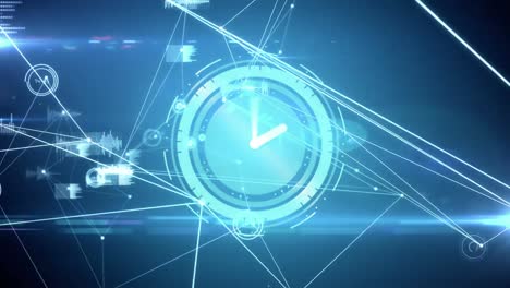 Animation-of-clock-moving-fast-over-network-of-connections-on-blue-background