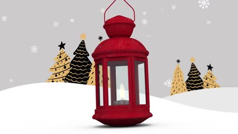 Animation-of-lantern-over-snow-falling-and-christmas-trees-on-winter-landscape