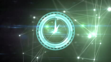 Animation-of-clock-moving-fast-over-network-of-connections-on-black-background