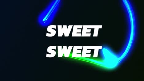 Animation-of-sweet-in-white-text-with-glowing-colourful-light-trail-on-black-background