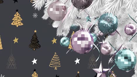 Animation-of-christmas-tree-with-baubles-and-decorations-over-trees-and-stars-on-black-background