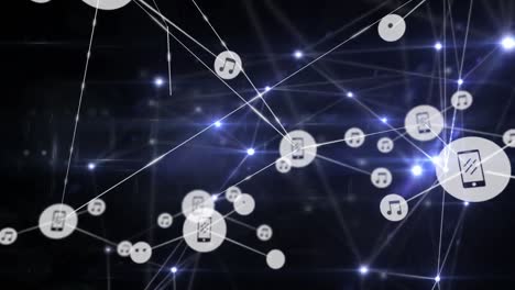 Animation-of-network-of-connections-with-icons-over-gloving-lights-on-dark-background