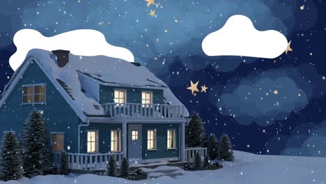 Animation-of-snow-falling-in-night-winter-landscape-with-house
