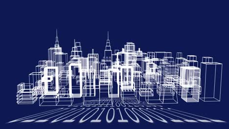 Animation-of-binary-coding-and-abstract-city-grid-buildings-over-blue-background