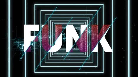 Animation-of-funk-in-white-and-pink-text-over-glowing-squares-and-network-on-black-background