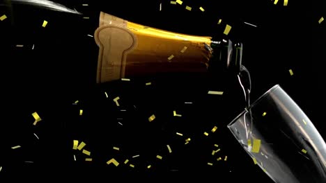 Animation-Von-Goldenem-Konfetti-über-Champagner,-Der-In-Glas-Auf-Schwarzem-Hintergrund-Strömt