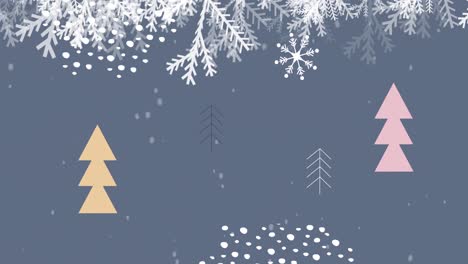 Animation-of-fir-tree-and-snow-falling-over-trees-on-grey-background