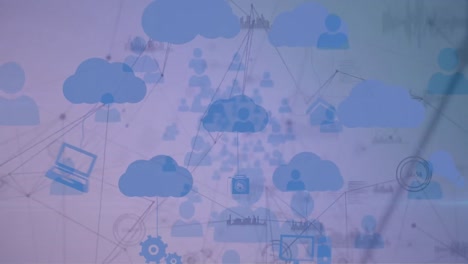 Animation-of-network-of-connections-and-digital-clouds-and-padlocks-on-dark-blue-background