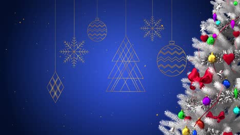 Animation-of-christmas-tree-with-decorations-over-baubles-and-snow-falling-on-blue-background