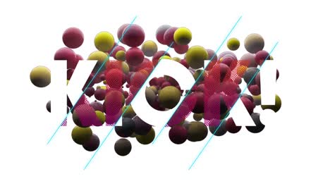 Animation-of-kick-in-pink-and-white-text-over-colourful-balls-floating-on-white-background