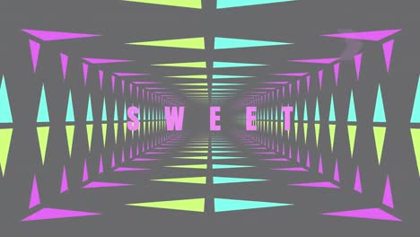 Animation-of-sweet-in-pink-text-with-pink,-blue-and-green-triangles-moving-on-grey