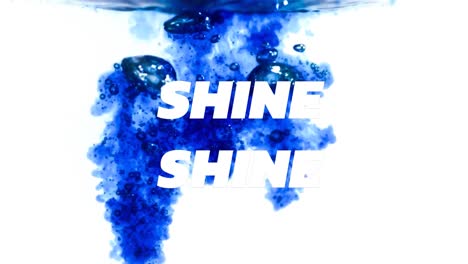 Animation-of-shine-in-white-text-over-blue-dye-in-water-on-white-background