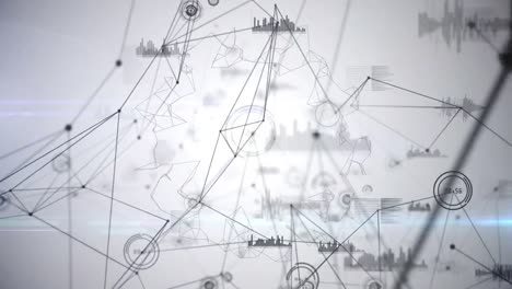 Animation-of-moving-shapes,-data-processing-and-network-of-connections-on-grey-background