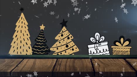 Animación-De-Nieve-Cayendo-Sobre-árboles-De-Navidad-Y-Regalos-Sobre-Fondo-Negro.