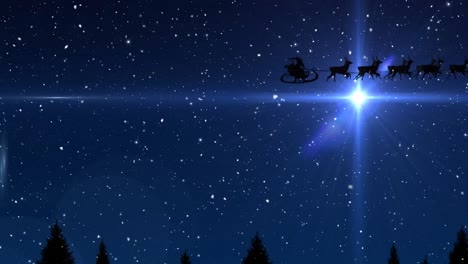 Animation-of-santa-claus-in-sleigh-with-reindeer-over-snow-falling-and-sky