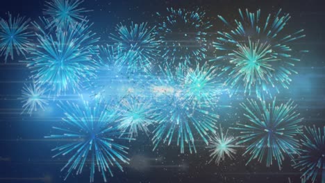 Animation-of-spots-of-light-over-fireworks-on-blue-background