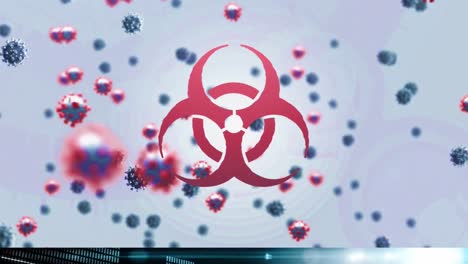Animation-of-biohazard-sign-and-multiple-virus-cells-floating-on-light-blue-background