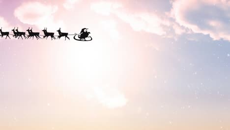 Animation-of-santa-claus-in-sleigh-with-reindeer-over-snow-falling-and-sky