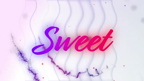 Animation-of-sweet-in-purple-and-pink-text-over-pink-trails,-spots-and-wavy-lines-on-pale-background