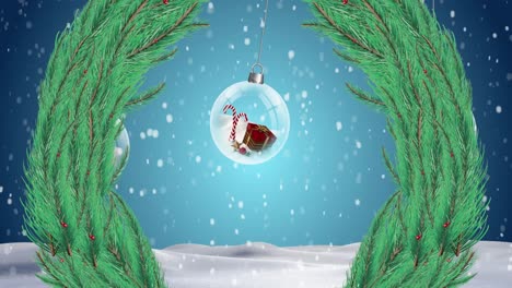 Animation-of-fir-tree-wreath-over-snow-falling-and-baubles-on-winter-landscape