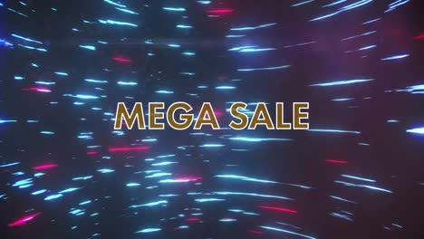 Animation-of-mega-sale-in-white-and-gold-text-over-moving-pink-and-blue-lights-on-black-background