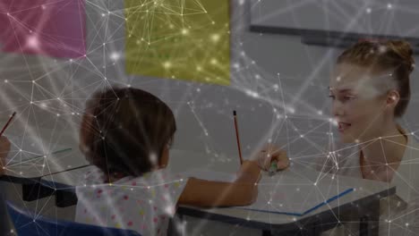 Animation-of-network-of-connections-over-happy-diverse-teacher-and-schoolchildren
