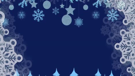 Animation-of-christmas-decoration-with-snowflakes-with-copy-space-over-blue-background