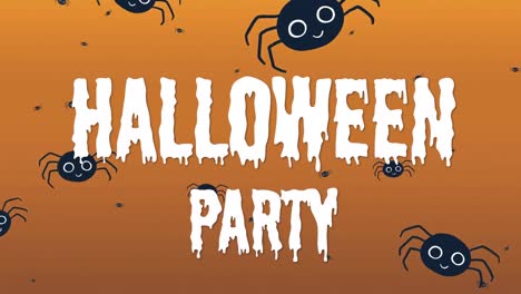 Animation-Einer-Halloween-Party-Und-Schwimmender-Spinnen-Auf-Orangefarbenem-Hintergrund
