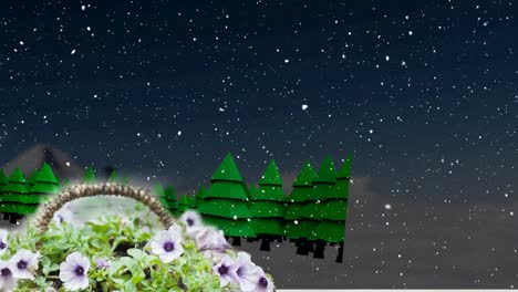 Animation-Von-Schnee,-Der-über-Blumen-Fällt,-Und-Winterlandschaft-Mit-Tannenbäumen