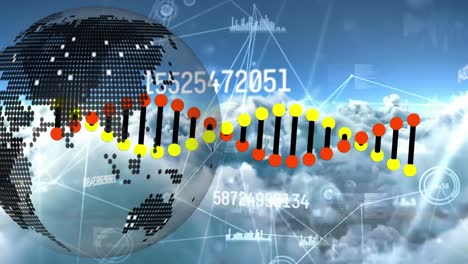 Animation-Von-Globus,-DNA-Strang,-Netzwerken-Von-Verbindungen-Und-Datenverarbeitung-über-Wolken-Und-Himmel