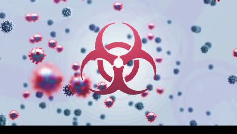 Animation-of-biohazard-sign-and-multiple-virus-cells-floating-on-light-blue-background