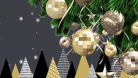 Animation-Eines-Weihnachtsbaums-Mit-Kugeln-Und-Dekorationen-über-Schnee,-Der-Auf-Schwarzem-Hintergrund-Fällt