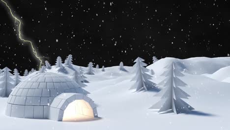 Animation-of-snow-falling-over-winter-landscape-with-igloo
