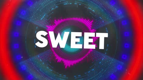 Animation-of-sweet-in-white-text-over-glowing-red,-pink-and-blue-radiating-lines-on-black-background