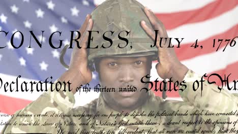 Animation-of-document-over-flag-of-usa-and-african-american-male-soldier